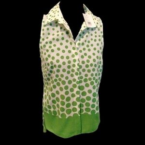 Milano White and green polka dot blouse SZ small short‎ front low back button up